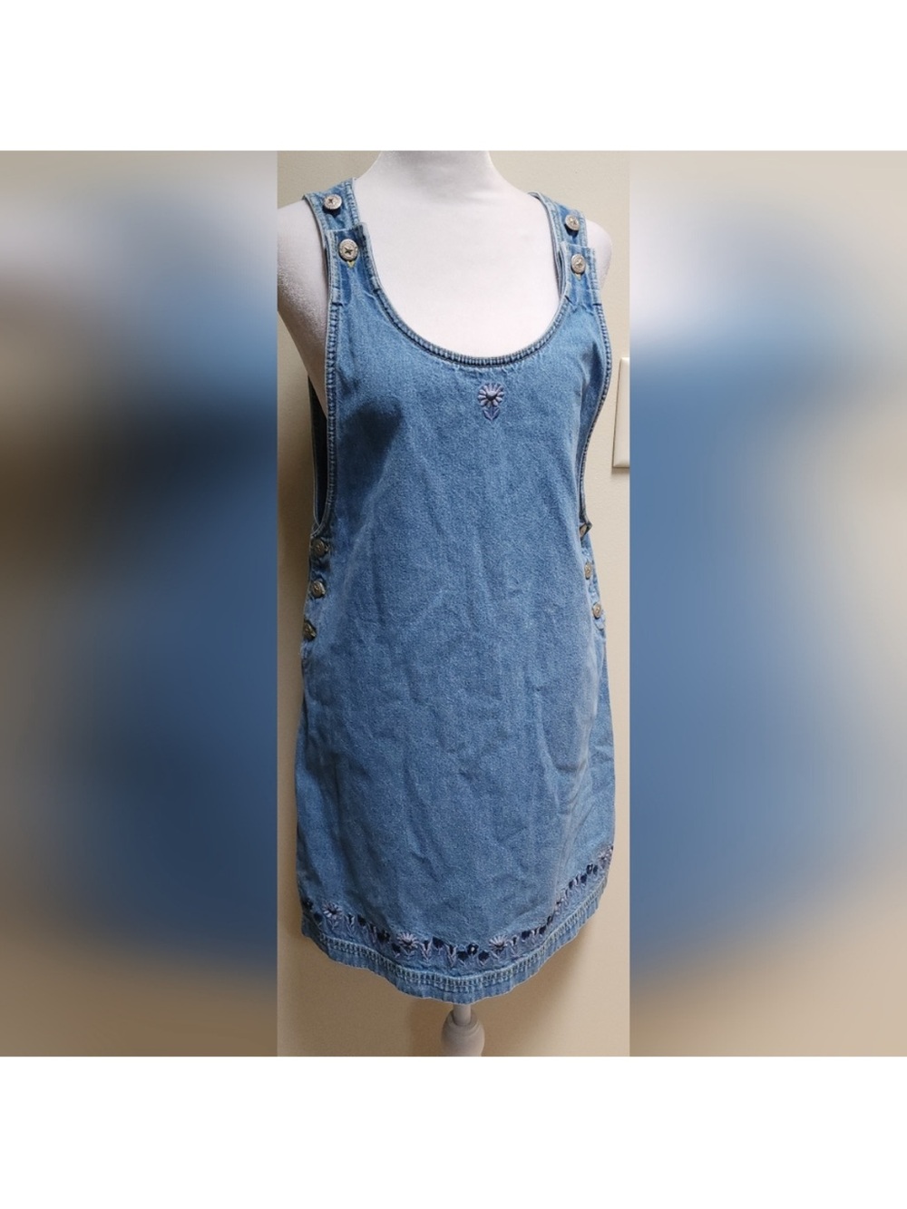Y2K Blue Denim Overall Dress With Embroidered Flowers Size Small